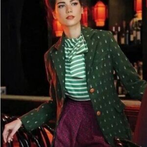 Anthropologie Green Blazer with White Pattern